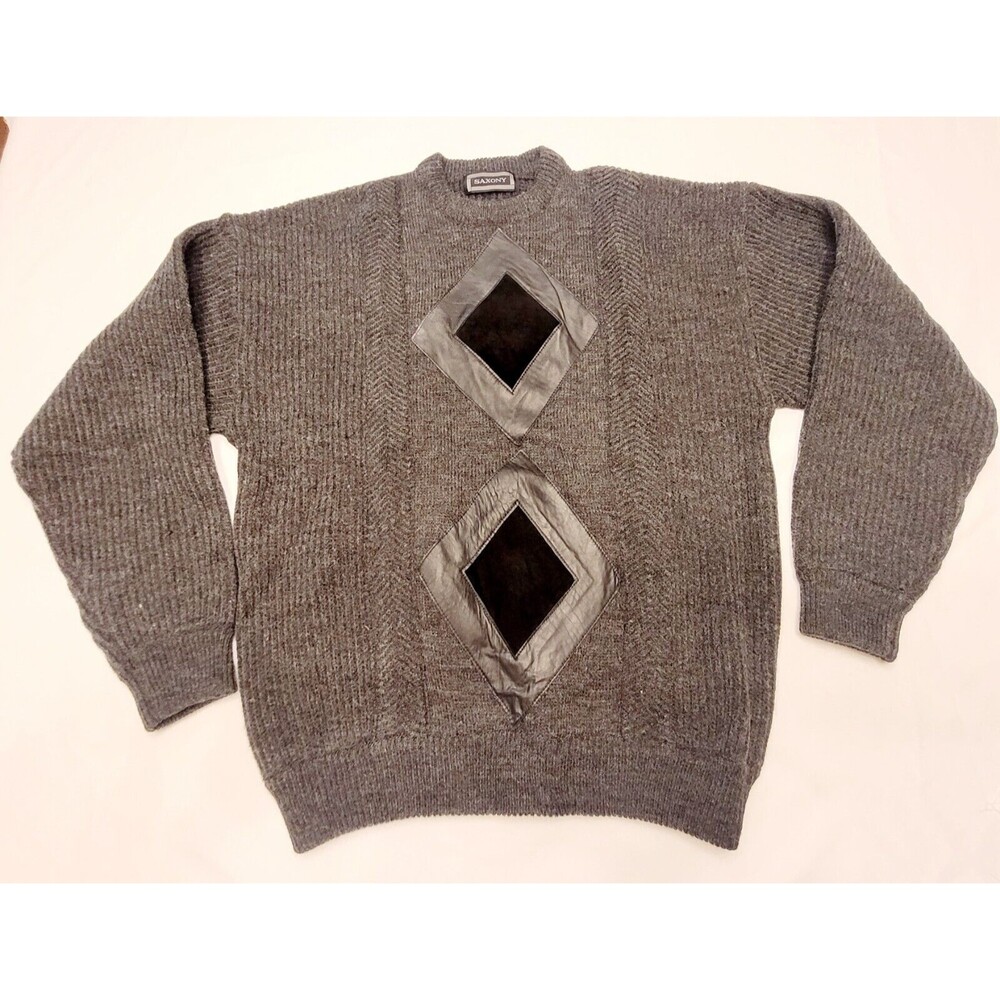 SAXONY‎ Collection 90's Hip Hop Style Men's Sweater Size L Knit Leather Suede